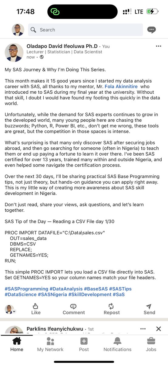 davidifeoluwa's tweet image. My sas journey My SAS Journey & Why I’m Doing This Series.
Over the next 30 days, I’ll be sharing practical SAS Base Programming tips, not just theory, but hands-on guidance you can apply
#SASProgramming #DataAnalysis #BaseSAS #SASTips #DataScience #SASNigeria #SkillDevelopment