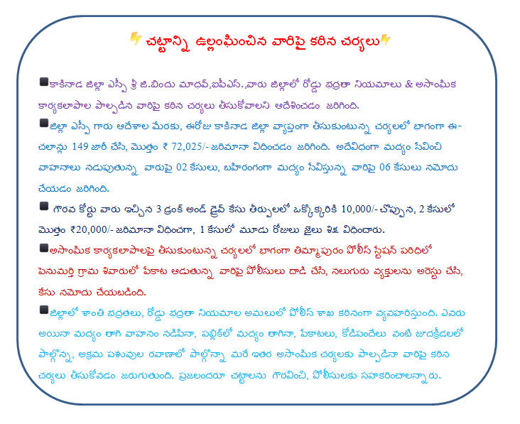 Kakinada District Police (@kakinadapolice) on Twitter photo కాకినాడ జిల్లా SP శ్రీ G. #BinduMadhavIPS వారు ఆదేశాల మేరకు, జిల్లాలో రోడ్డు భద్రతా నియమాలు & అసాంఘిక కార్యకలాపాల పాల్పడిన వారిపై కఠిన చర్యలు తీసుకుంటున్న కాకినాడ జిల్లా పోలీసులు.
<a href="/APPOLICE100/">Andhra Pradesh Police</a>
#appolice
#kakinada
#enforcement
#VehicleChecking
#DrunkandDrive కాకినాడ జిల్లా SP శ్రీ G. #BinduMadhavIPS వారు ఆదేశాల మేరకు, జిల్లాలో రోడ్డు భద్రతా నియమాలు & అసాంఘిక కార్యకలాపాల పాల్పడిన వారిపై కఠిన చర్యలు తీసుకుంటున్న కాకినాడ జిల్లా పోలీసులు.
<a href="/APPOLICE100/">Andhra Pradesh Police</a>
#appolice
#kakinada
#enforcement
#VehicleChecking
#DrunkandDrive