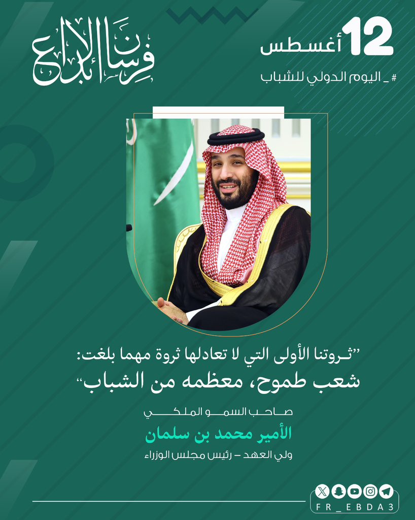 fr_ebda3's tweet photo. "ثروتنا الأولى التي لا تعادلها ثروة مهما بلغت:
شعب طموح ، معظمه من الشباب".

#شبابنا_ثروة 
#اليوم_الدولي_للشباب
#نجران https://t.co/he9rzaQVLF