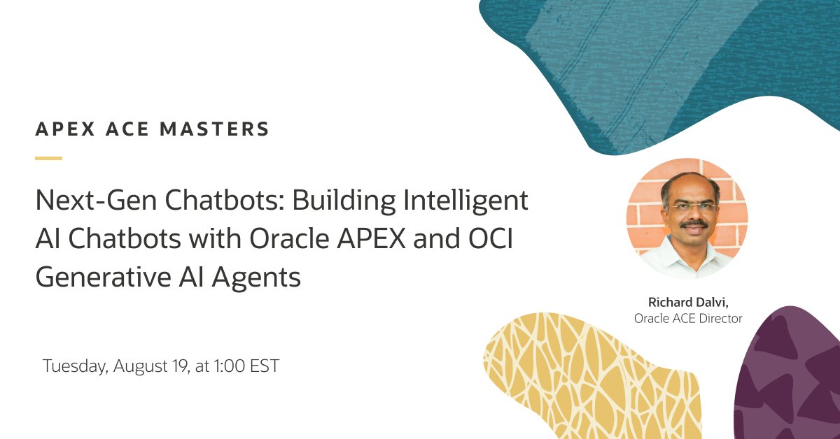 🎉 All set to launch our new APEX ACE Masters Series!

Join us next Tuesday (19) for our first session, "Next-Gen Chatbots." Richard Dalvi, Oracle ACE Director, will show you how to build intelligent AI Chatbots with #orclAPEX and OCI Generative AI Agents.

👉 Sign up now!