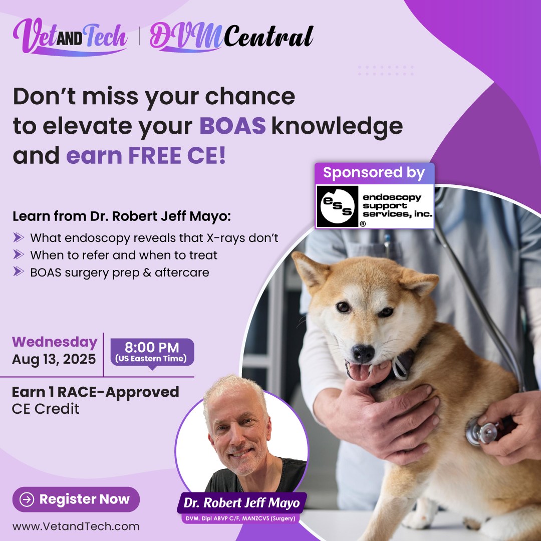 🐶 Evaluating (B.O.A.S.) Dogs in General Practice
 
📅 Wednesday, Aug 13, 2025
🕗 8 PM EDT
 
🔗 Register Now: bit.ly/4mBOlVE
 
#VetandTech #DVMCentral #BOAS #VeterinaryWebinar #VetMed #VeterinarySurgery #RACEApproved #CEWebinar #BrachycephalicDogs