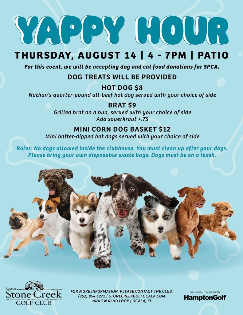 SC_GolfClub's tweet photo. 🐾 Come woof it up at our next Yappy Hour!
⁠
Thursday, August 14 | 4 - 7PM⁠
📍 Patio⁠
⁠
Full Details🔹https://t.co/dsozfPRfOo
⁠
For more information, please contact the club: (352) 854-1272 https://t.co/2ShJoSQVvc