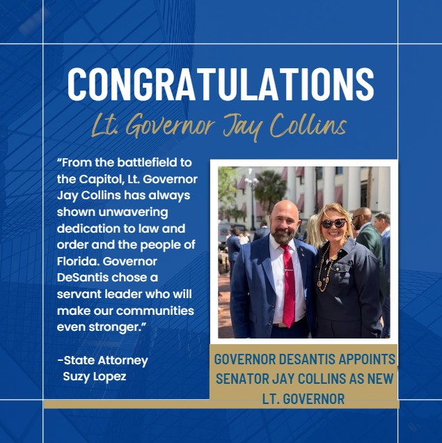 Congratulations to Florida’s new Lt. Governor, <a href="/JayCollinsFL/">Jay Collins</a>! A steadfast supporter of law enforcement and a true champion for public safety, he knows what it takes to protect Floridians. We look forward to his continued leadership and success in Tallahassee.