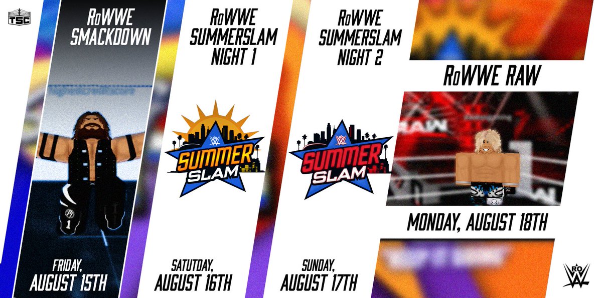 🚨 RoWWE WEEKLY SCHEDULE 🚨
This week, the biggest party of the summer takes over! 🌞🏆

📅 Fri 8/15 – RoWWE SmackDown
📅 Sat 8/16 – SummerSlam Night 1
📅 Sun 8/17 – SummerSlam Night 2
📅 Mon 8/18 – RoWWE RAW

#RoWWE #SummerSlam #RobloxWrestling 
<a href="/RoWWE_/">RoWWE ❁</a>
