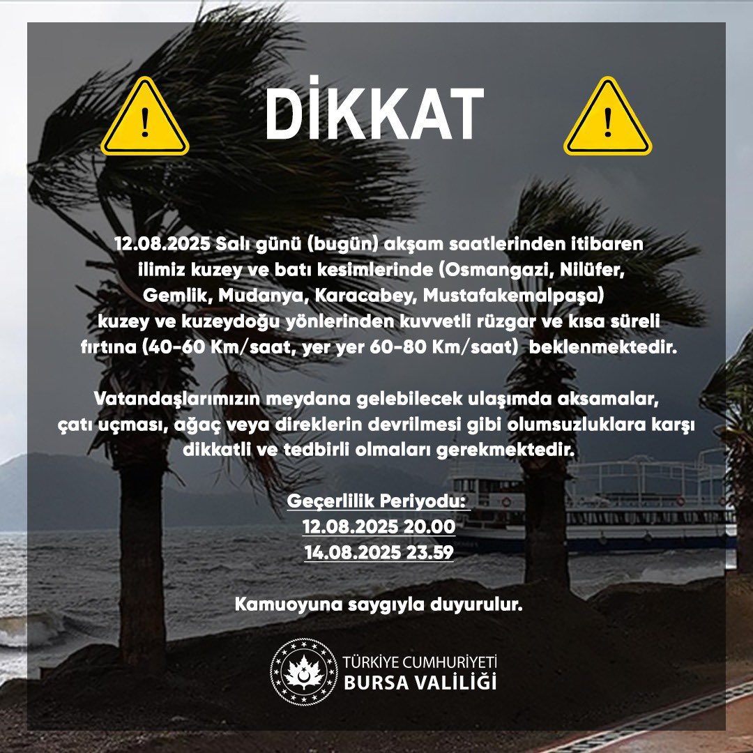 Osmangazi İlçe Milli Eğitim Müdürlüğü (@osmangazi_mem) on Twitter photo ⚠️Meteorolojik Uyarı⚠️
Kuvvetli Rüzgar ve Kısa Süreli Fırtına
<a href="/tcmeb/">Millî Eğitim Bakanlığı</a> <a href="/Ali_Partal/">Ali Partal</a> @metinsezer_16 #bursa ⚠️Meteorolojik Uyarı⚠️
Kuvvetli Rüzgar ve Kısa Süreli Fırtına
<a href="/tcmeb/">Millî Eğitim Bakanlığı</a> <a href="/Ali_Partal/">Ali Partal</a> @metinsezer_16 #bursa