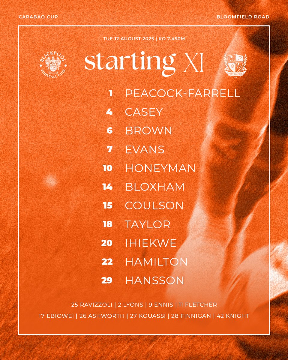 BlackpoolFC's tweet image. 📋 This is how we lineup this evening for our @Carabao_Cup first round fixture.  

🍊 #UTMP