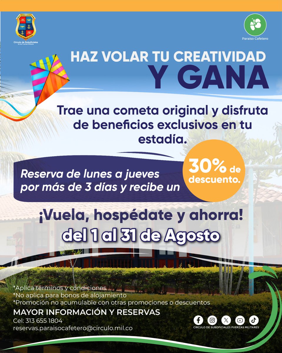 🌈¡Haz de este día un momento inolvidable lleno de colores! 🪁
🛎️Disfruta del bienestar y el hospedaje.
🪁💨Vuela alto con nuestro festival de cometas 

⛰️Inscripciones Colina Campestre: (601) 593 99 27
🌸Reservas de Hospedaje Paraíso Cafetero:  313 655 1804
.
#bienestar  #Agosto