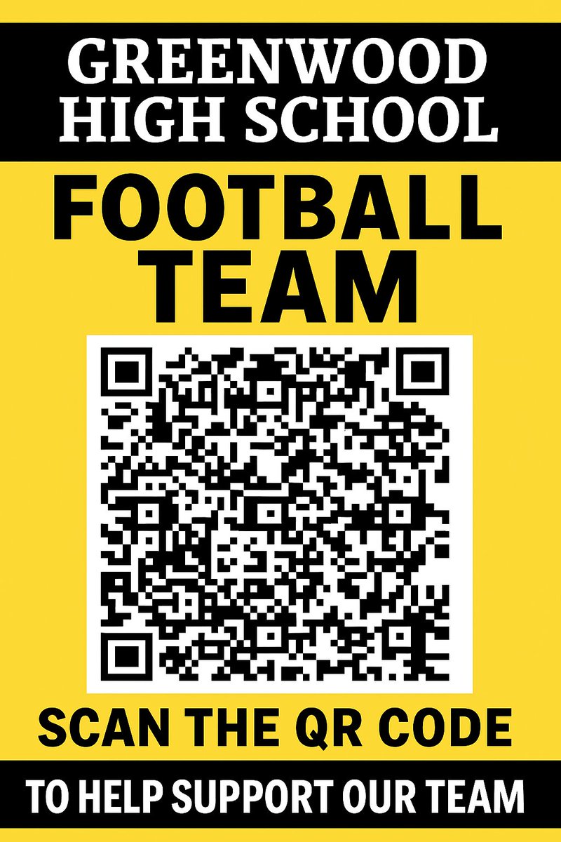 HI! Greenwood High Football is raising funds.
Please consider supporting by selecting the link or scanning the QR Code! instaraise.com/greenwoodhighf…