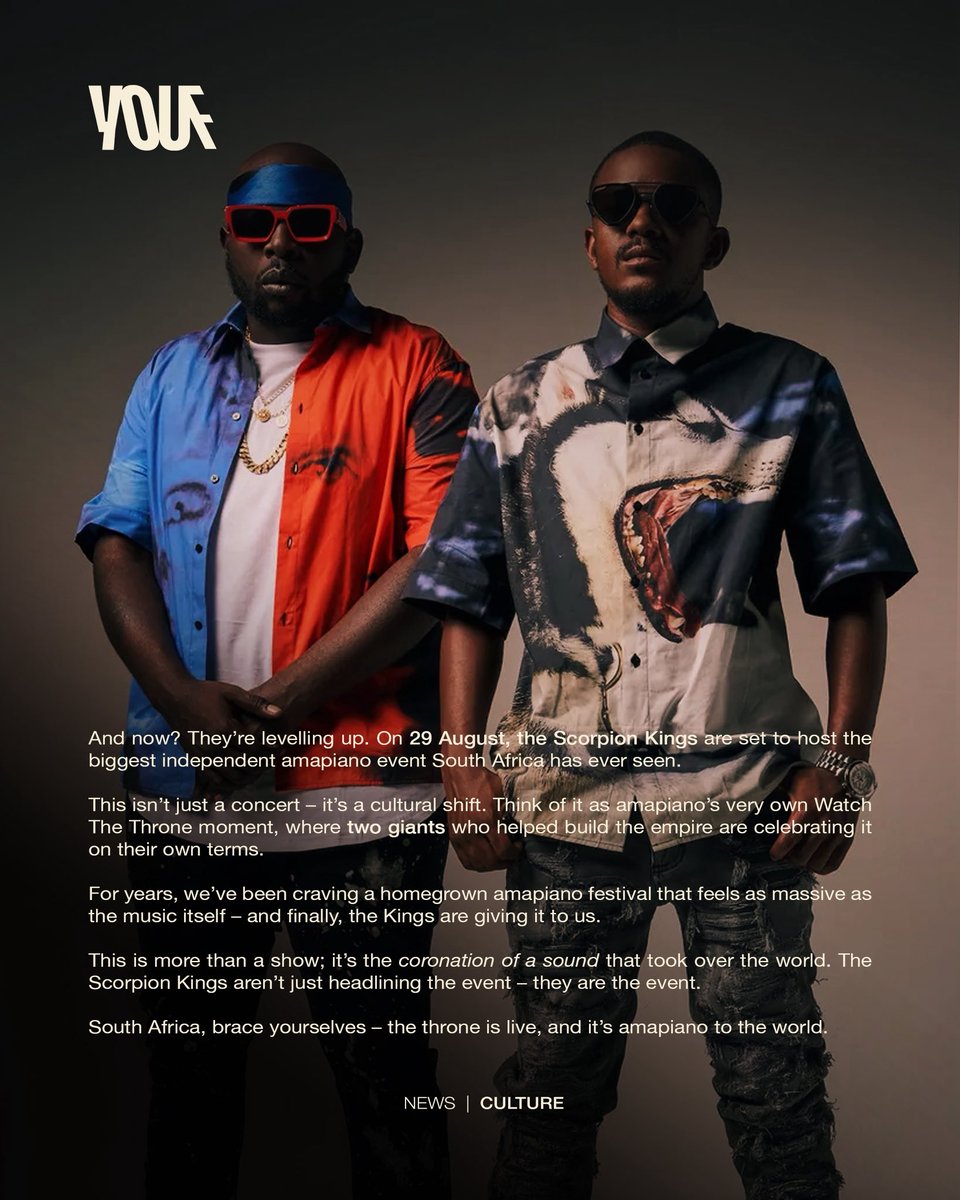 youf_co_za's tweet photo. Scorpion Kings @KabzaDeSmall_ @DjMaphorisa took amapiano from kasi corners to global stages 🌍🔥 Read how Kabza & Maphorisa built a sound the whole world moves to.
#YoufNews #YOUtheFuture #AmapianoToTheWorld https://t.co/KkWbyfOgqC