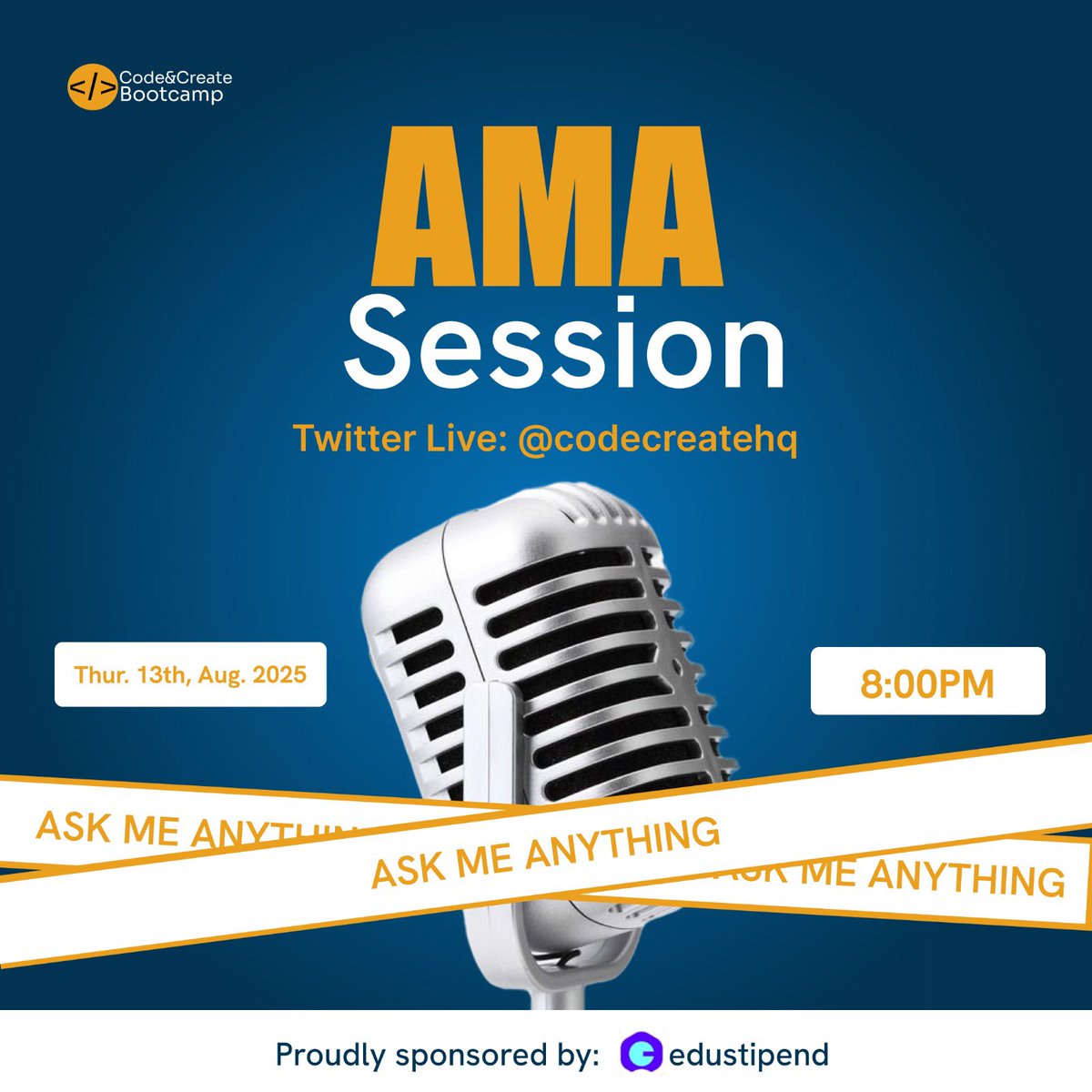 codecreatehq's tweet image. Got questions? We’ve got answers!

Join us LIVE on Twitter for our AMA Session, your chance to ask anything about the Code &amp;amp; Create Bootcamp. 

Come curious, leave informed. ✅
#AMA #CodeAndCreate #TechForGood #BootcampUpdate #DigitalSkills
