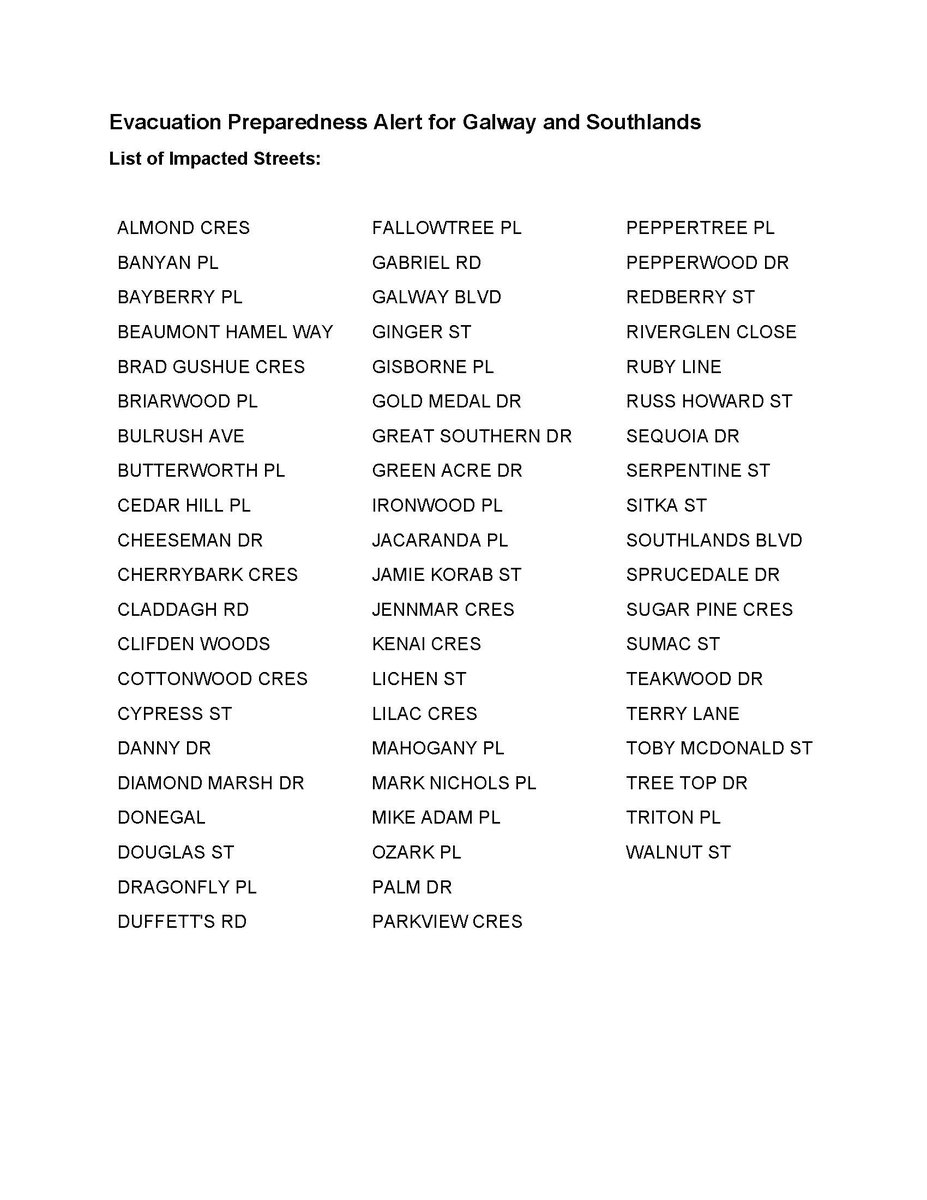 Government of Newfoundland & Labrador (@govnl) on Twitter photo π’ Public Advisory: Evacuation ALERT Issued by the City of St. Johnβs for the areas of Galway and Southlands
If you are in these areas, please be ready to evacuate on very short notice.
Please refer to the list of impacted streets and map for a detailed breakdown of the π’ Public Advisory: Evacuation ALERT Issued by the City of St. Johnβs for the areas of Galway and Southlands
If you are in these areas, please be ready to evacuate on very short notice.
Please refer to the list of impacted streets and map for a detailed breakdown of the
