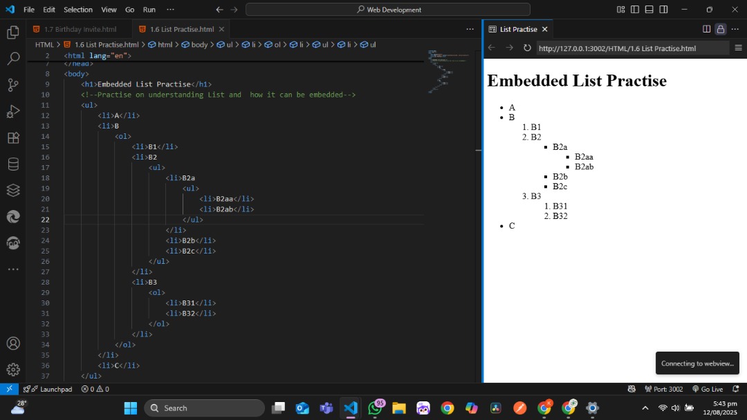 rasak_code's tweet image. Practiced what I learned yesterday — embedded lists &amp; HTML structuring.
Now I fully understand how it all works and how to use it in real projects! 🚀
#HTML #WebDevelopment #Frontend #LearningToCode #CodeNewbie #TechJourney #100DaysOfCode #SelfTaughtDeveloper #WomenWhoCode