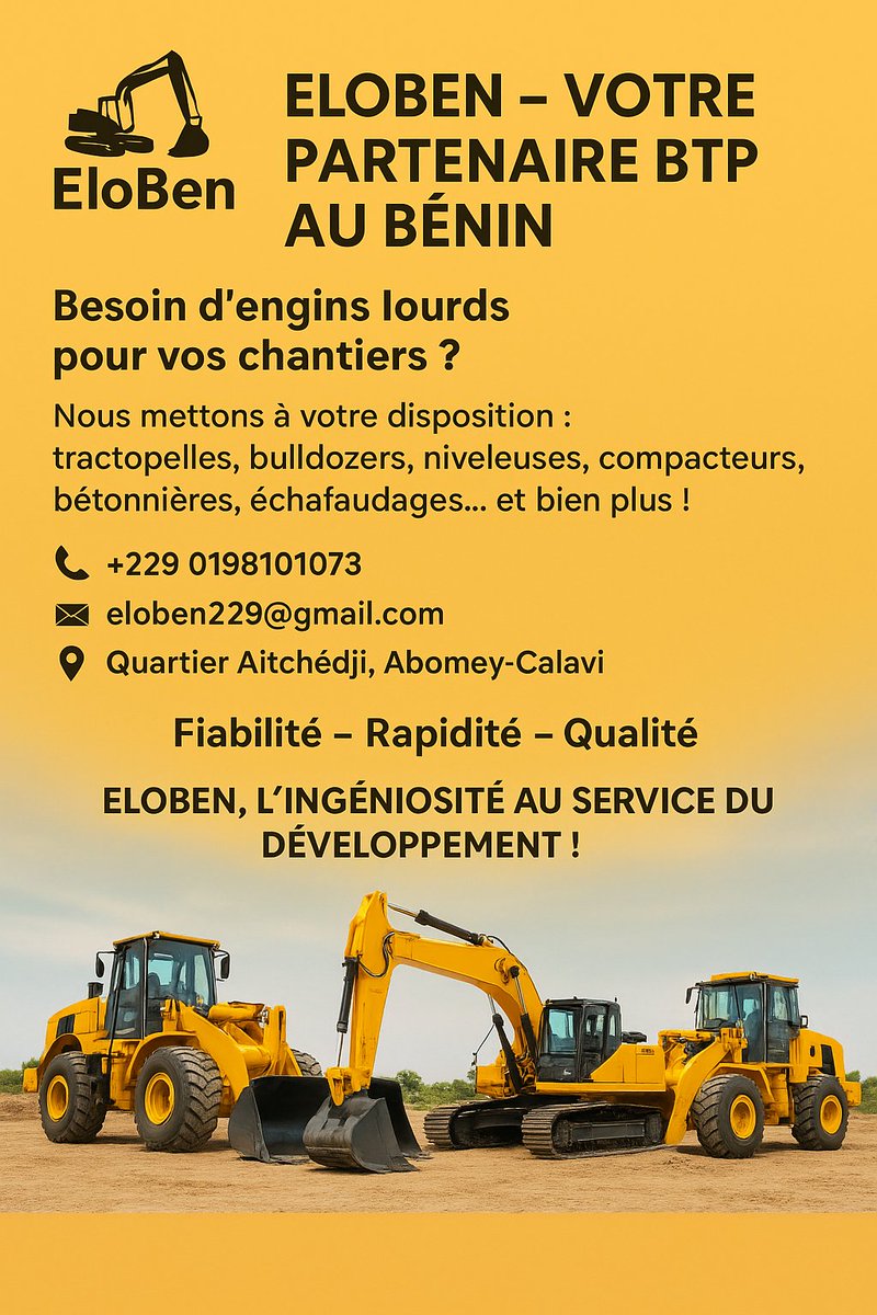 eloben229's tweet photo. 🚜 EloBen – Votre partenaire BTP au Bénin 🏗️

Besoin d’engins lourds pour vos chantiers ?
Nous mettons à votre disposition : tractopelles, bulldozers, niveleuses, compacteurs, bétonnières, échafaudages… et bien plus !
📞 +229 0198101073
📧 eloben229@gmail.com https://t.co/Em7jISixkF