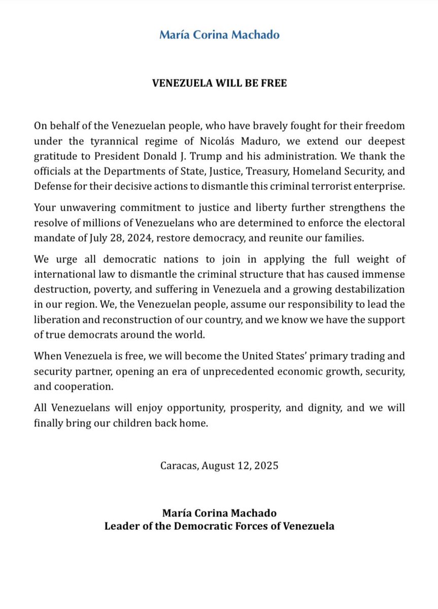 María Corina Machado (@mariacorinaya) on Twitter photo We, Venezuelans, thank President Trump <a href="/POTUS/">President Donald J. Trump</a> and his administration for their firm and decisive action to dismantle the criminal and terrorist structure that is illegitimately holding onto power in our country.
We call on the world's democratic nations to join the fight that We, Venezuelans, thank President Trump <a href="/POTUS/">President Donald J. Trump</a> and his administration for their firm and decisive action to dismantle the criminal and terrorist structure that is illegitimately holding onto power in our country.
We call on the world's democratic nations to join the fight that
