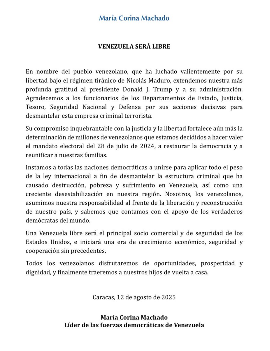 María Corina Machado (@mariacorinaya) on Twitter photo Los venezolanos agradecemos al Presidente Trump <a href="/POTUS/">President Donald J. Trump</a> y a su administración por su acción firme y decidida para desmantelar la estructura criminal y terrorista que se aferra de manera ilegítima al poder en nuestro país.
Instamos a las naciones democráticas del mundo para que se Los venezolanos agradecemos al Presidente Trump <a href="/POTUS/">President Donald J. Trump</a> y a su administración por su acción firme y decidida para desmantelar la estructura criminal y terrorista que se aferra de manera ilegítima al poder en nuestro país.
Instamos a las naciones democráticas del mundo para que se