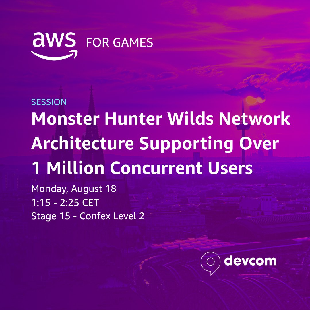 AWSGameTech's tweet image. Join @AWSGameTech &amp;amp; @capcom_official at @devcom_global 2025 for an exclusive deep dive into &apos;Monster Hunter Wilds&apos; server architecture: go.aws/41CHyD6 
 
🗓️ Aug 18, 2025 | 1:15 PM CET 
📍 Stage 15, Confex Level 2

#AWSforGames #ddc2025 #GameDev