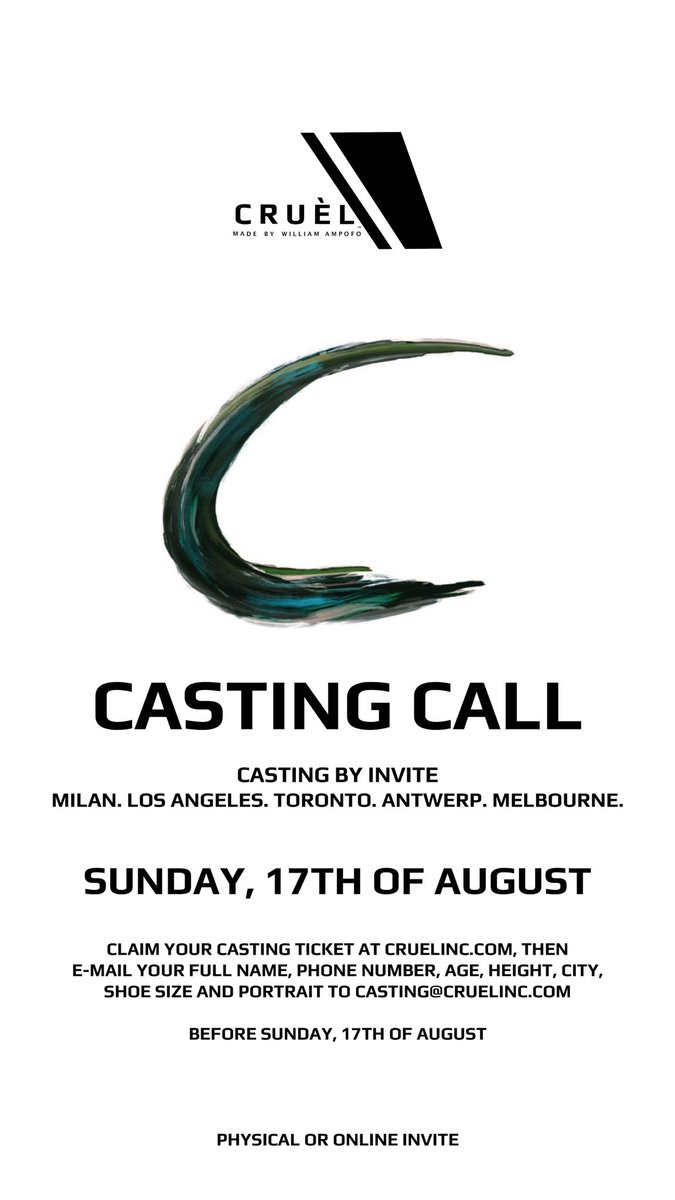 CRUEL CASTING CALL SS26 PART 2 - LIVE NOW

Milan. Los Angeles. Toronto. Antwerp. Melbourne.

140 spots only. Live now entry.

Inclusive, physical or online invites, apply fast before it’s gone 🔥⏳ , apply now at cruelinc.com!