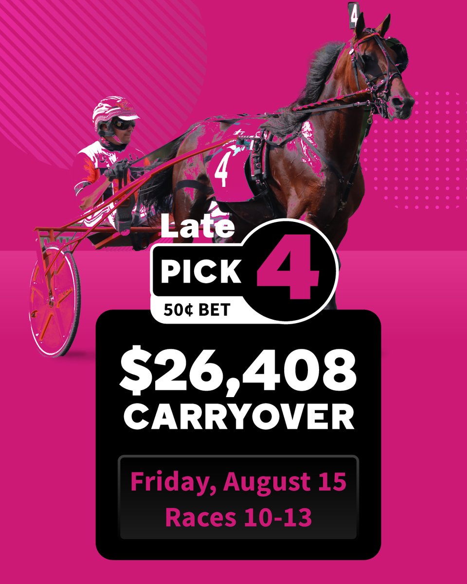We have two carryovers Friday, August 15 on our 15 race card.
$.20 Pick 6 races 8-13  - $4,028 carryover
$.50 Late Pick 4 races 10-13 - $26,408 carryover

Free PPs at Playmeadowlands.com

#meadowlandsracetrack #playbigm #harnessracing