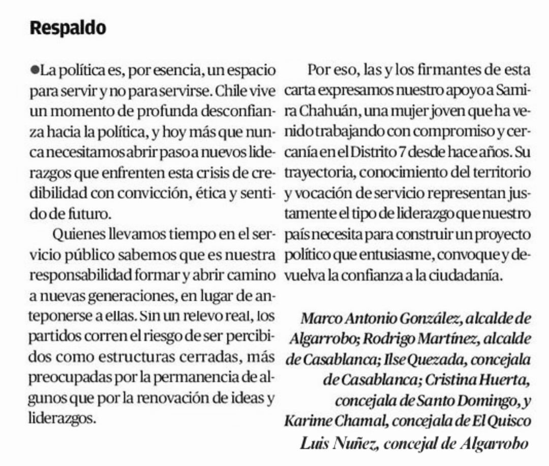 Agradezco el respaldo de los líderes locales de la Región de Valparaíso por su apoyo a esta candidatura. 

La renovación de la política, tan fatigada por los personalismos, necesita también el coraje de nuevos liderazgos para que las cosas se empiecen a hacer mejor.