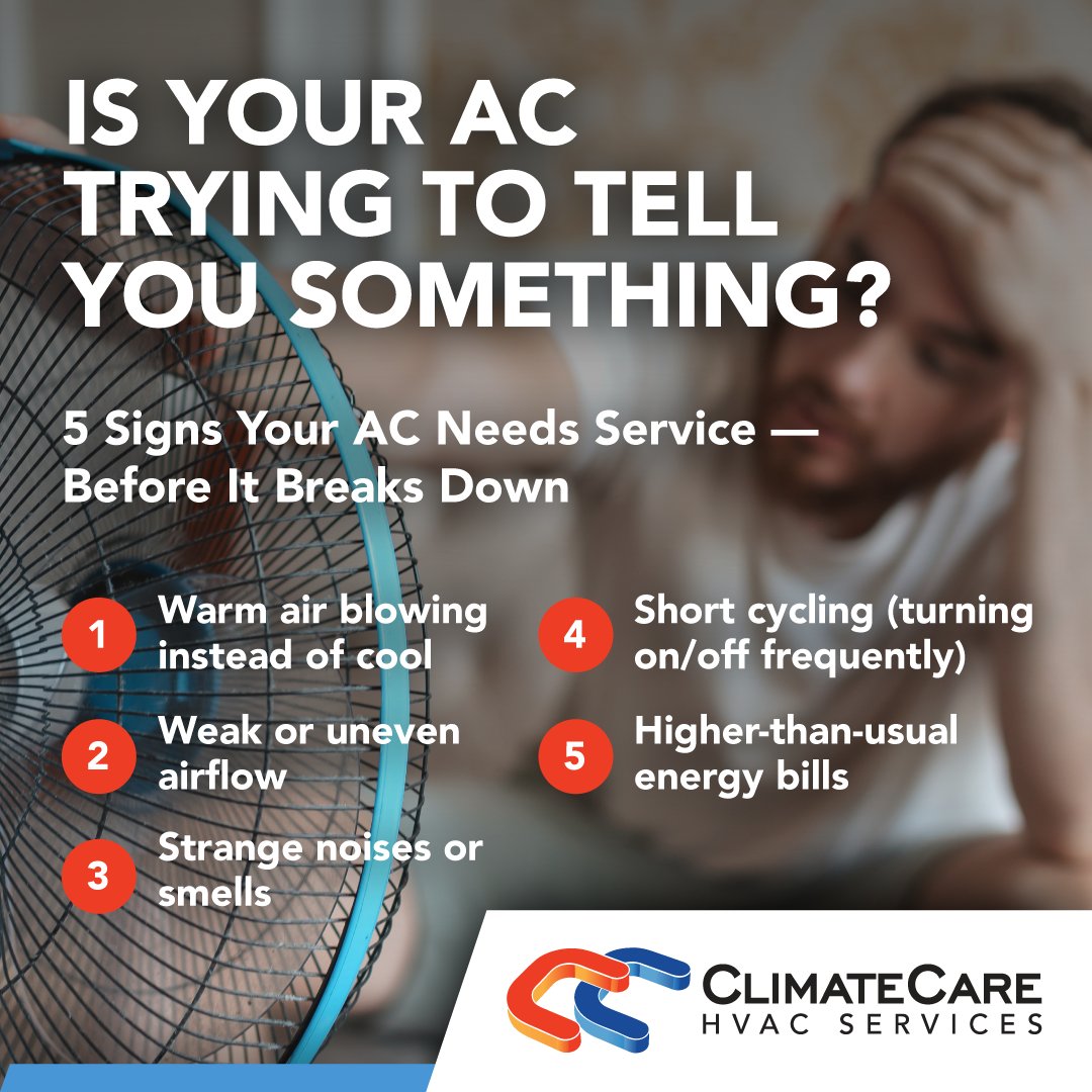 HVACClimateCare's tweet photo. Don’t wait for a total breakdown — your AC often gives warning signs first. If you notice any of these, give our team a call and we’ll keep you cool all season long.

📞 (410) 921-3838 | 🌐 https://t.co/Gb9FZ2zD5T

#HVACTips #StayCool #ClimateCare https://t.co/c9d99ohigA