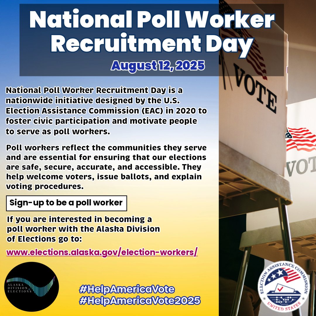 Alaska Division of Elections (@ak_elections) on Twitter photo #today Is National Poll Worker Recruitment Day. Help us celebrate.
<a href="/EACgov/">Election Asst. Comm.</a> #AlaskaVotes #today Is National Poll Worker Recruitment Day. Help us celebrate.
<a href="/EACgov/">Election Asst. Comm.</a> #AlaskaVotes