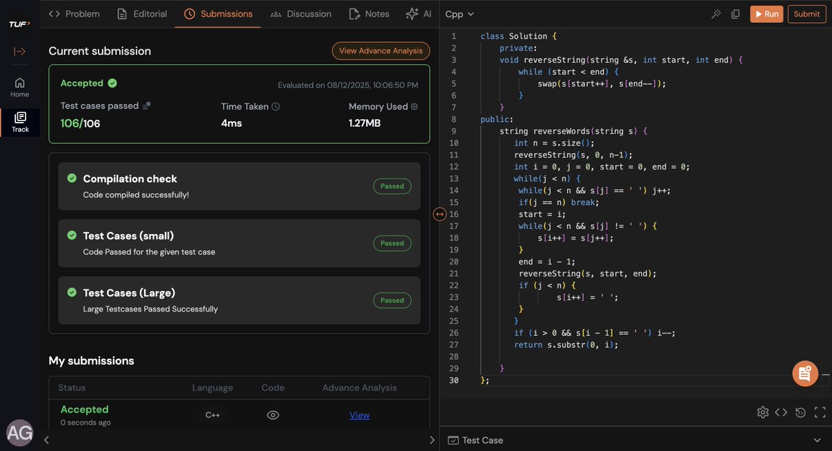 amit_codes's tweet image. 🔤 Day 169/180 #DSA

✔ Reverse words → Two-pointer magic
🧮 Bracket reversals → Stack + Math

💡 &quot;Strings are puzzles where every character matters!&quot;

Reply with your favorite string problem! 👇