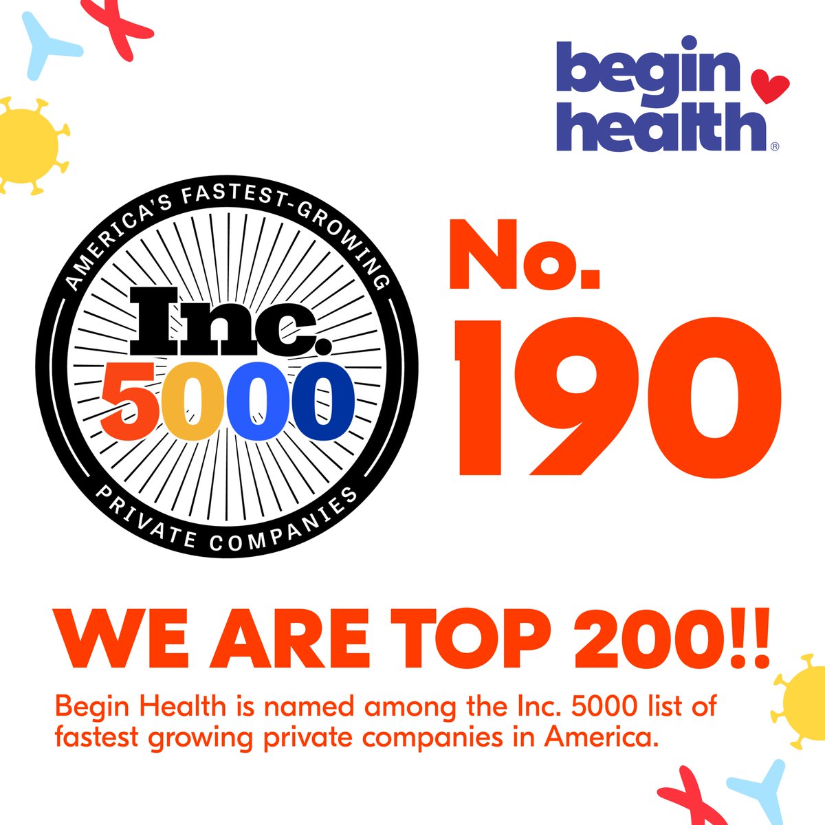 Big news 🚀 Begin Health is No. 190 on this year’s #Inc5000 list of fastest-growing private companies!
Huge thanks to our team, partners, and community for helping us build a healthier future for every kid. <a href="/Inc/">Inc.</a> <a href="/inc5000/">Inc. 5000</a> 

Full list → inc.com/inc5000