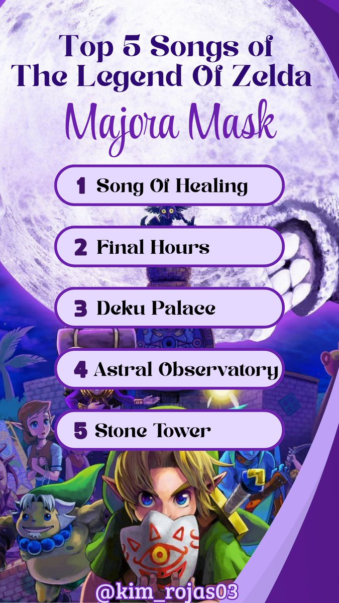 kim_rojas03's tweet photo. 🎶| Mi Top 5 Ranking personal de las canciones de The Legend Of Zelda: Edición Majora Mask 🎭💜✨
Cuál es tu tema favorito de esta saga 🤔
#TheLegendOfZelda
#MajoraMask https://t.co/qKcSZFkzIu