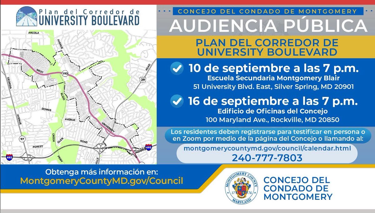 MoCoCouncilMD's tweet photo. 📣 Te invitamos a que participes de las próximas audiencias públicas sobre el Plan del Corredor del University Boulevard. 
🗓️ 10 de sept. a las 7 p.m.
🗓️ 16 de sept. a las 7 p.m. 
💻 https://t.co/3MhNLNKDJs
📑 Si deseas brindar tu testimonio, regístrate: https://t.co/tfQCvaX4Zf https://t.co/OrZAfASG6r