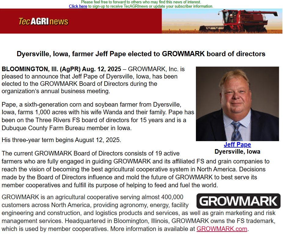 TecAGRInews: Dyersville, Iowa, farmer Jeff Pape elected to GROWMARK board of directors. agnewscenter.com/archives.cfm?n… via <a href="/agnewscenter/">agnewscenter AgPR</a> <a href="/GROWMARK/">GROWMARK, Inc.</a> <a href="/AgVantageFS/">AgVantage FS</a> #AgLeadership #AgCooperatives #Agriculture
