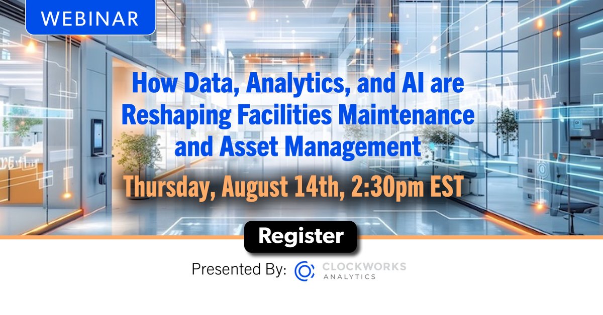 facilityexec's tweet photo. 🏢 The future of facilities maintenance. Learn how to cut downtime, extend equipment life, and make faster decisions.
📆 August 8 @ 2 PM ET
🔗 Reserve your seat: https://t.co/XxUNN2lCZ3
@clockworksco
#FacilitiesManagement #SmartBuildings #DataAnalytics #FMTech #AssetManagement https://t.co/YJnydlMSLn
