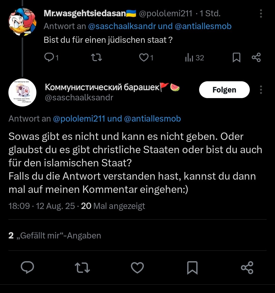 Wie lehnst du das Existenzrecht Israels ab. Ein Guide:
• Falsche Prämisse (Begging the Question)
„Sowas gibt es nicht“
• Doppelte Behauptung zur Verstärkung
„…und kann es nicht geben“
• falsches Dilemma
• Whataboutism
• Falsche Analogie
• Suggestivfrage