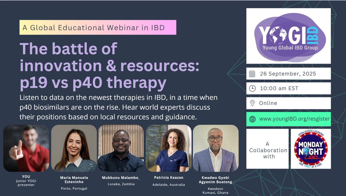 Hello YOGIs!

We are looking for 2 junior IBD enthusiasts to join our excellent moderator line-up👇for presenting data on p19 vs p40 therapy in a global context!

Fri, Sep 26, 10 AM EST

Interested? join us here
forms.gle/WnmXF2Ntp3kRc3…