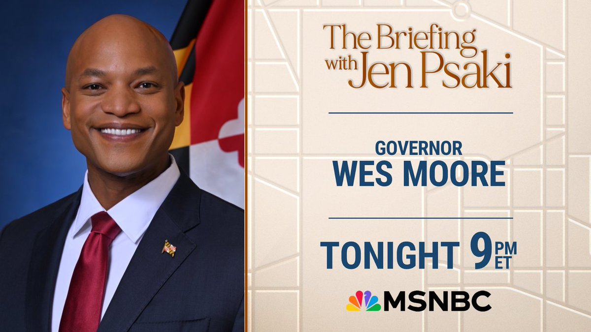 MSNBC Public Relations (@msnbcpr) on Twitter photo TONIGHT: <a href="/GovWesMoore/">Governor Wes Moore</a> joins <a href="/jrpsaki/">Jen Psaki</a> to discuss his opposition of the Trump Administration’s plans to deploy the National Guard in Washington, D.C.
Tune in to <a href="/PsakiBriefing/">The Briefing with Jen Psaki</a> at 9pm ET on <a href="/MSNBC/">MSNBC</a>. TONIGHT: <a href="/GovWesMoore/">Governor Wes Moore</a> joins <a href="/jrpsaki/">Jen Psaki</a> to discuss his opposition of the Trump Administration’s plans to deploy the National Guard in Washington, D.C.
Tune in to <a href="/PsakiBriefing/">The Briefing with Jen Psaki</a> at 9pm ET on <a href="/MSNBC/">MSNBC</a>.