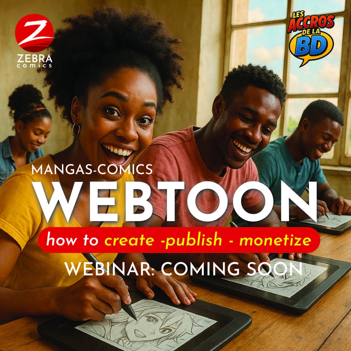 🎨✍🏾 Learn. Create. Earn.

Zebra Comics &amp; Les Accros de la BD are launching an online program to teach you Webtoon creation &amp; monetization.

📅 Coming soon.

Your art deserves the world — and a paycheck. 💰

#Webtoons #ComicsTraining #DigitalArt #ZebraComics #LesAccrosDeLaBD