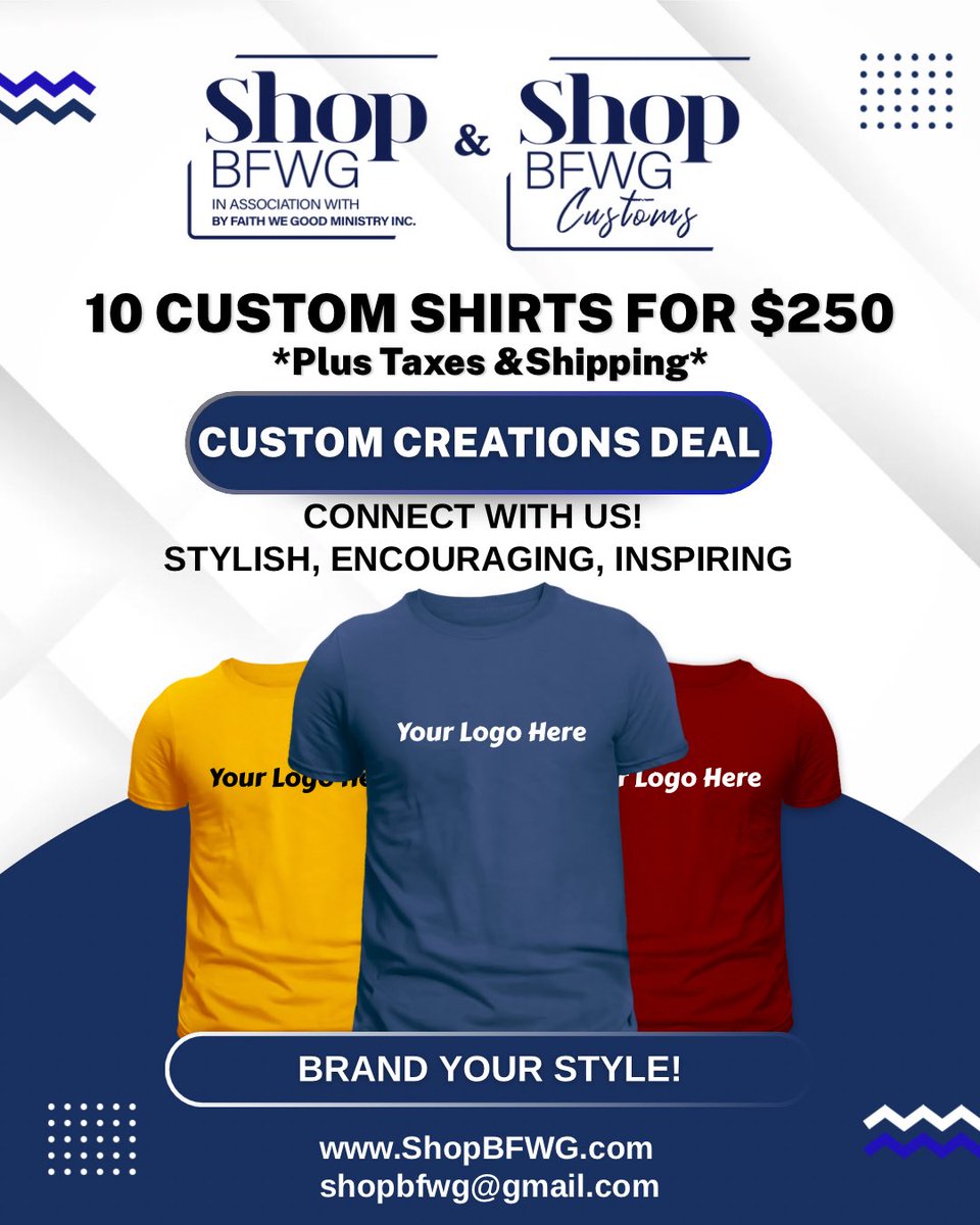 SHOPBFWG's tweet photo. @SHOPBFWG CUSTOMS Presents 
Custom Creations Deals! 

Do you have your own clothing brand? Looking to brand your ministry, business, or organization? Need apparel for your sports team, family reunion, wedding party, or events? 

Connect With Us TODAY! 
https://t.co/IrbcqQRTTy https://t.co/niIrUKT4Xt
