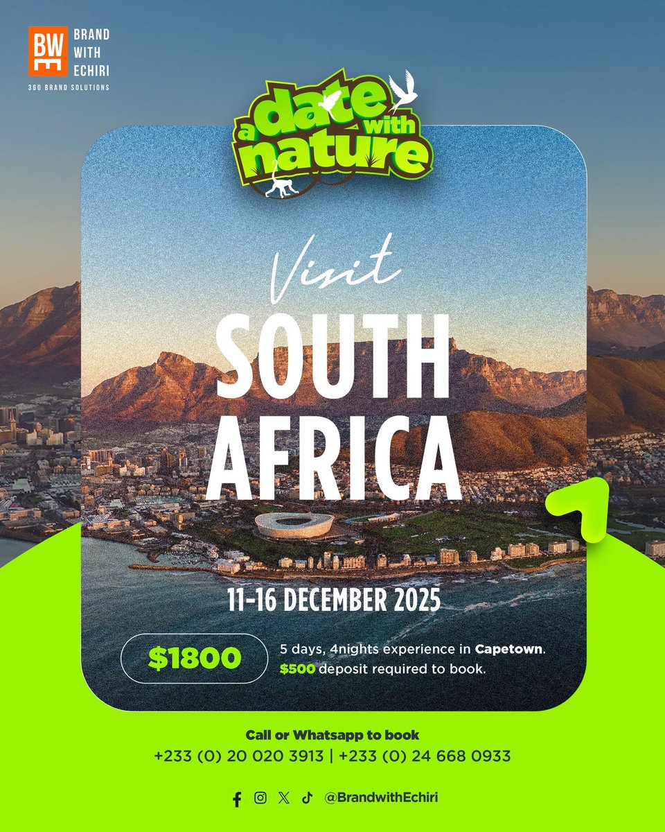 Experience Cape Town🇿🇦 like never before🤩🌍✨ Join us for A Date with Nature — 5 days, 4 nights in South Africa. Book now with just $500!
#adatewithnature
#DWN
#BWE