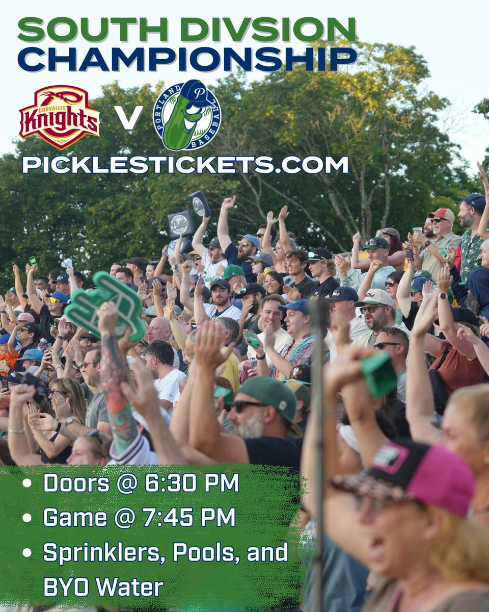 TONIGHT: Pickles vs. Corvallis Knights for the South Division crown 🥒

1 game. Win or go home.

7:45 PM start (heat delay) — sprinklers, kiddie pools, and BYO sealed water.

Pack the Walk and push the boys to the championship.
🎟 bit.ly/4oABIwc