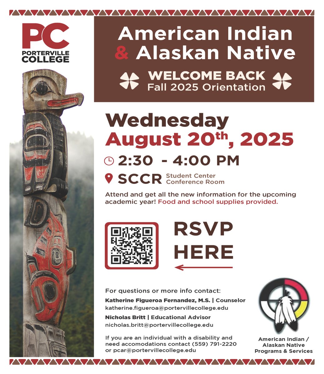 PC American Indian &amp; Alaskan Native students: Welcome Back Fall 2025 Orientation is next week!

Join us Wed. 8/20 @ SCCR &amp; get all the new information for the academic year! Food &amp; school supplies provided!

Use the QR code below to RSVP or visit our page: tinyurl.com/AI-AN-Fall25