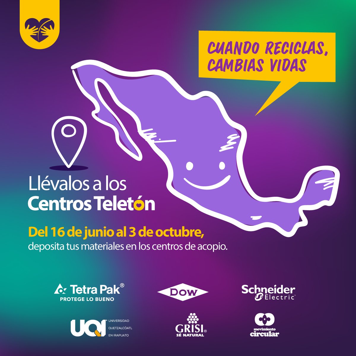 Del 16 de junio al 3 de octubre, tus residuos cambiarán vidas Separa PET, HDPE, aluminio y Tetra Pak. ¡Llévalos a los centro de acopic
Teletón y cambia vidas.
Encuentra tu centro más cercano: teleton.org