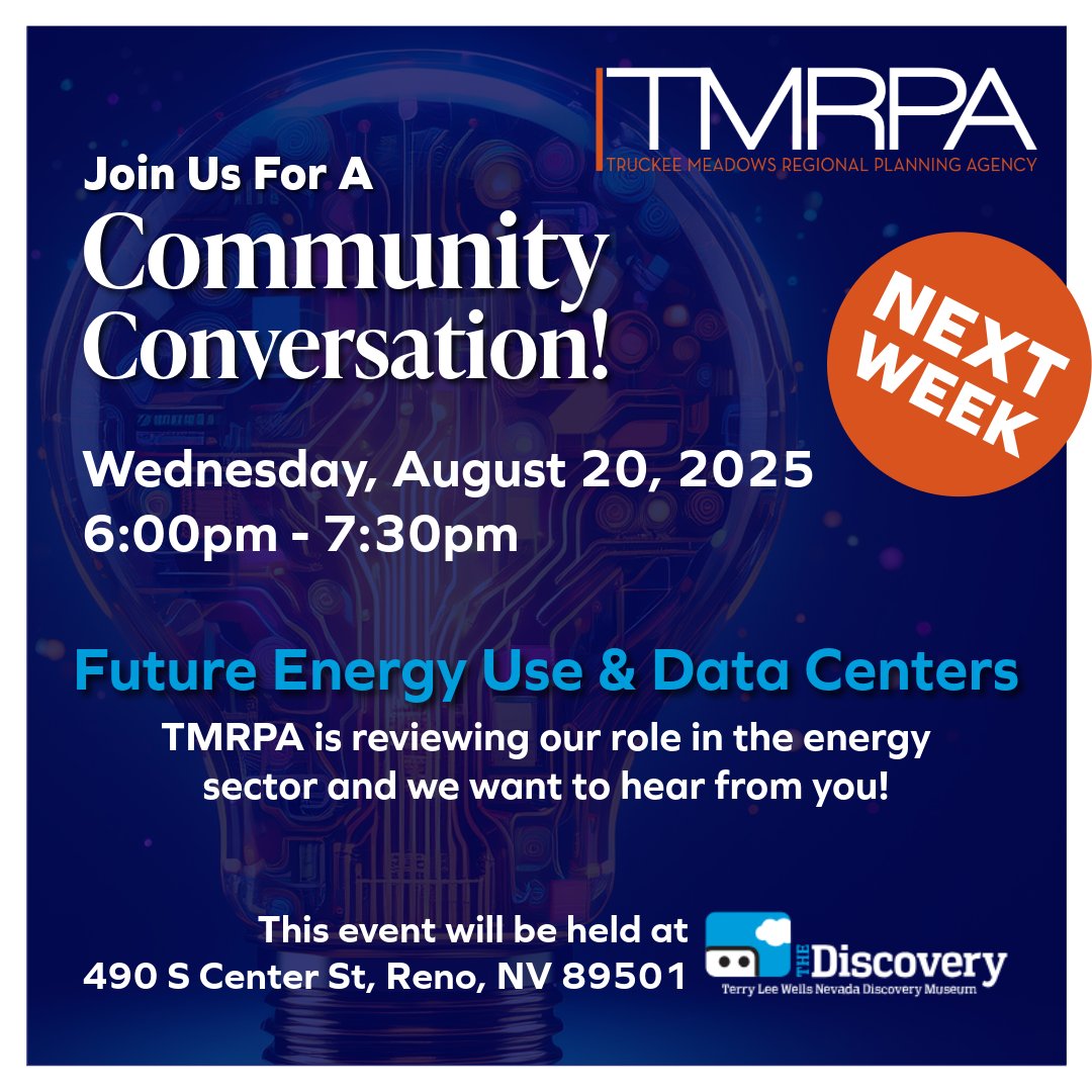 🎉JOIN US NEXT WEEK!🎉

TMRPA is reviewing our role in the energy sector and we want your input! 🗣✍️

Event Details:
📅Wednesday, August 20th from 6:00pm – 7:30pm
📍The Discovery Museum  |  490 S Center St, Reno, NV 89501

See you there!💙