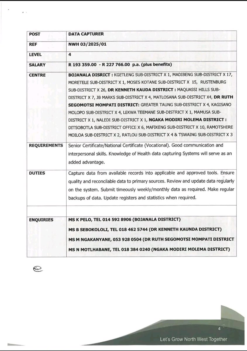 ThabangMabulan_'s tweet photo. Data Capturer x111 posts 

North West Department of Health 

Closing Date 29 August 2025

Opportunities With Thabang WhatsApp Channel:
https://t.co/9ezH380OXJ

Good Luck!
#OpportunitiesWithThabang https://t.co/PZQ6iVPDMr