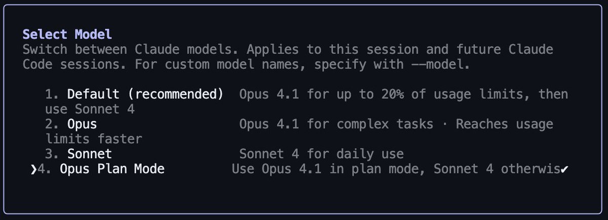 Dope! You can now choose to use Claude Opus 4 in plan mode, and Claude Sonnet 4 everywhere else in Claude Code.