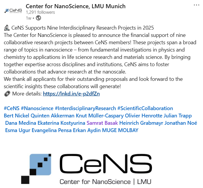 samub28's tweet photo. Excited to share that our project from @LabTinnefeld  with @JungmannLab  and  has been selected for the CeNS Investment Fund! Looking forward to advancing nanoscale imaging and molecular mapping at LMU Munich, and to many more synergies of exciting work ahead! https://t.co/lBZVGptBNl