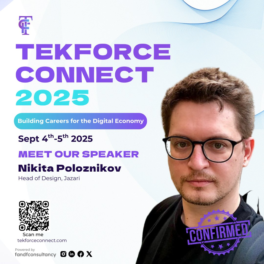 Nikita Poloznikov, Head of Design at Jazari, joins TekForce Connect 2025! 🌟 With 10+ years in product design, ex-Director at Yandex Music &amp; Head of Design at Dodo Pizza, Nikita brings expertise in vision, UX, and leadership.
📅 Sept 4-5, 2025 🌐 Register: tekforceconnect.com/register