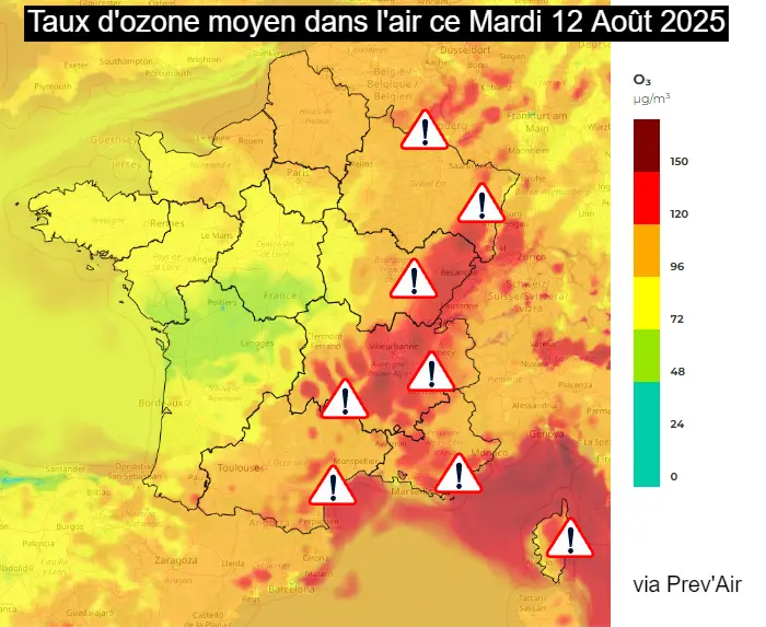 🔴 Avec la #canicule, une #pollution à l'#ozone est en cours, particulièrement dans l'est de la France ainsi qu'en #Méditerranée. (via Prev'Air)