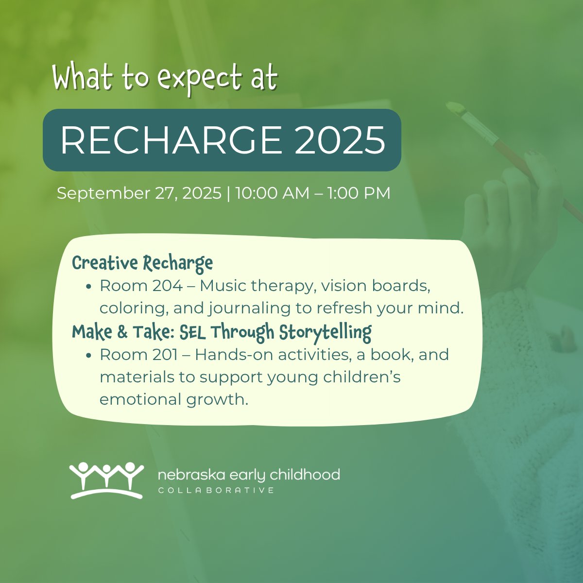 Take a day to rest and relax! 

Join NECC for RECHARGE, a wellness event for Nebraska's child care providers, on September 27 in Omaha, NE, from 10 AM to 1 PM. Relax, recharge your creativity, and use our Resource Center!

Save your spot: nebraskaearly.org/recharge-neccs…