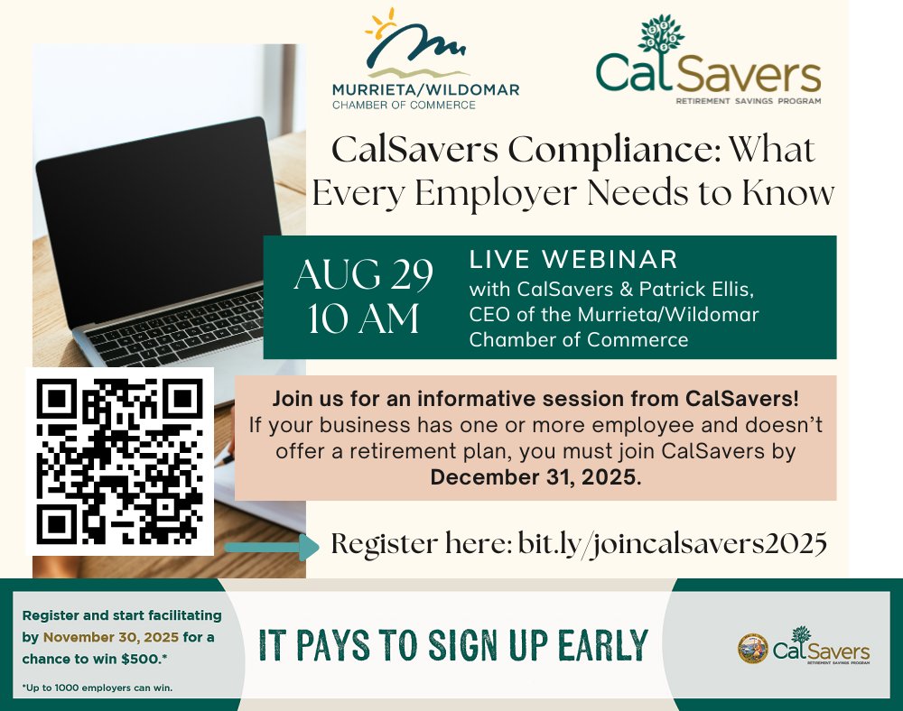 Join us Friday, August 29, at 10am for a free virtual webinar with the Murrieta/Wildomar Chamber of Commerce. Learn about valuable resources for your business. Register now at bit.ly/joincalsavers2… #HelloSTO <a href="/CalTreasurer/">CA State Treasurer</a> <a href="/MMWCoC/">MW Chamber</a>