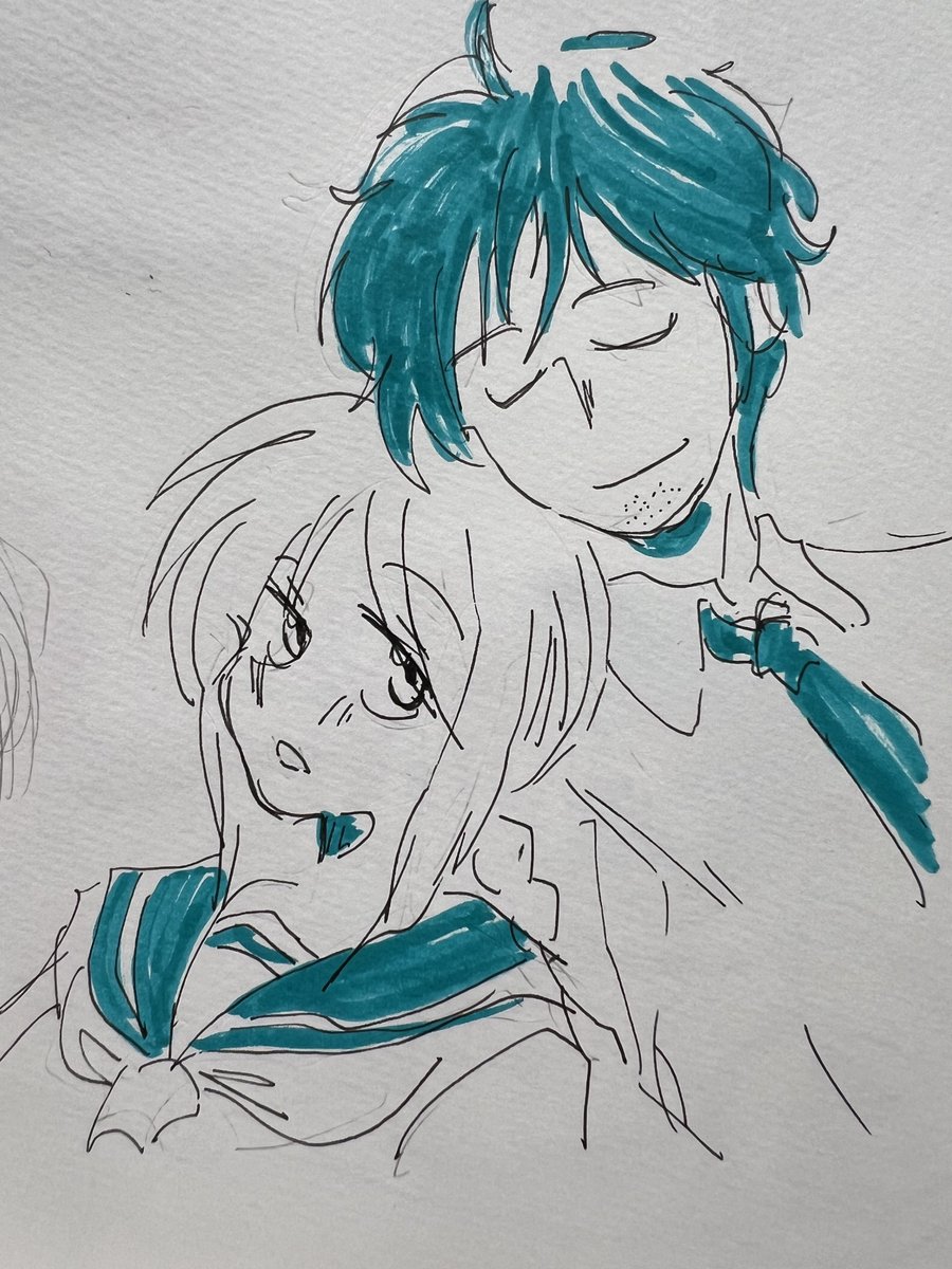 「落書き 昔描いた『三つ編み娘とヒゲ男』という漫画のメインキャラカップルです」|遠藤平介のイラスト