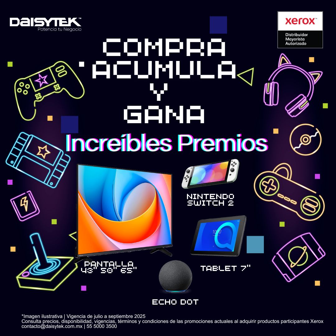 🎮 Compra, Acumula y Gana Increíbles Premios con Xerox en Daisytek
Aprovecha y llévate de regalo 🎁 pantallas de 43, 50, 65", nintendo switch, tablet de 7", alexa echo dot 
🖨 Todas las categorías de Xerox participan: Consumibles, Equipos A4 y A3

Más información
55 5000 3500